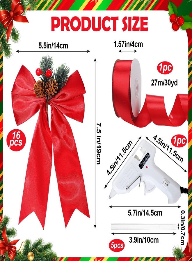 Daifunli 16 Pcs Christmas Cabinet Ribbon Bows with Pine Cone Decor DIY Large Red Cabinet Bows with 30 Yard Ribbon Xmas Decoration for DIY Christmas Tree Door Home Holiday Home Kitchen Gifts Supplies - Image 2